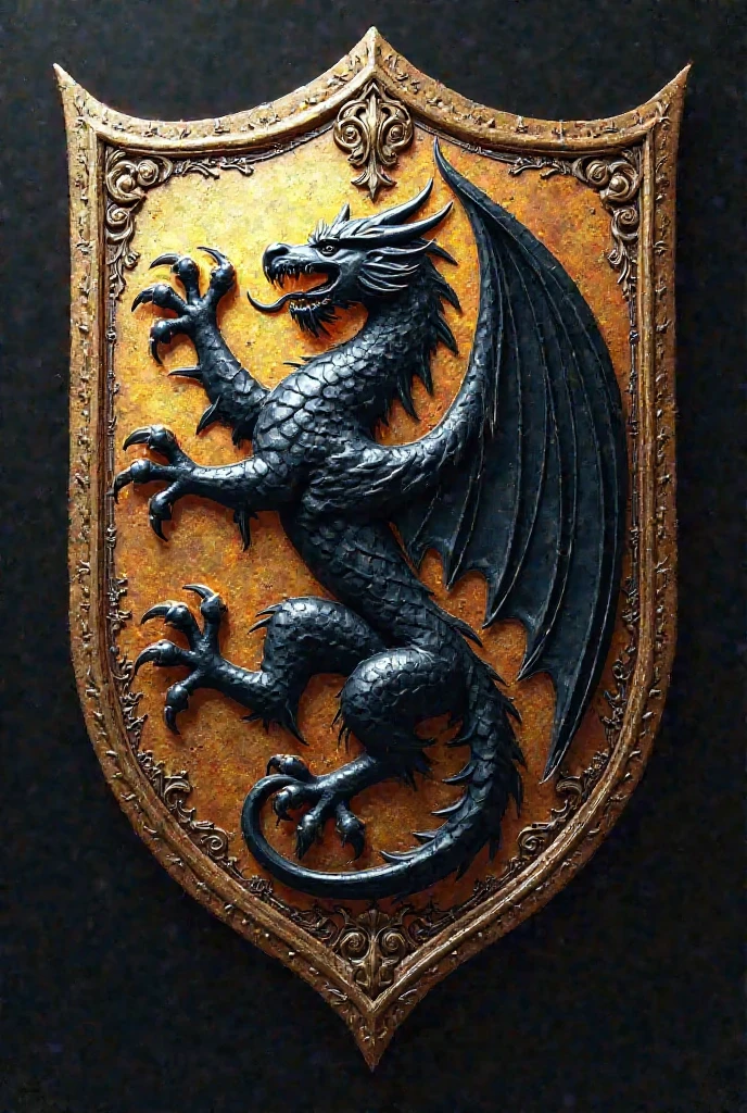 **In the style of Game of Thrones house sigils:**
**Canvas Base:** Choose a classic heraldic shield shape with a silver metallic surface and golden edges.
- **Background:** Fill the background with a dark, enameled emerald green.
- **Dragon:** Draw a dragon in the center, using shiny silver for the body and light blue for the wings. Be sure to include embossed details for the scales and wings.
- **Waves:** Add undulating waves around the dragon in sky blue. Use engraving techniques for a three-dimensional effect.
- **Flowers:** Insert small golden flowers among the waves, with embossed details.
- **Border:** Create a raised golden border with engraved wave and leaf patterns.