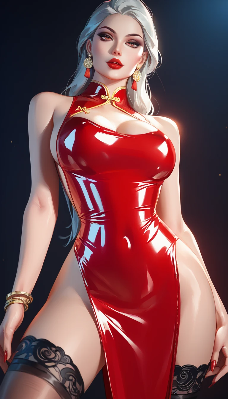 Portrait a qiyana ( in a party: 1.2) , oversized breasts , dress , smile , mature , white hair , orange eyes , masterpiece, red outfit , (top quality: 1.2) , makeup, (nighttime:1.2) ,