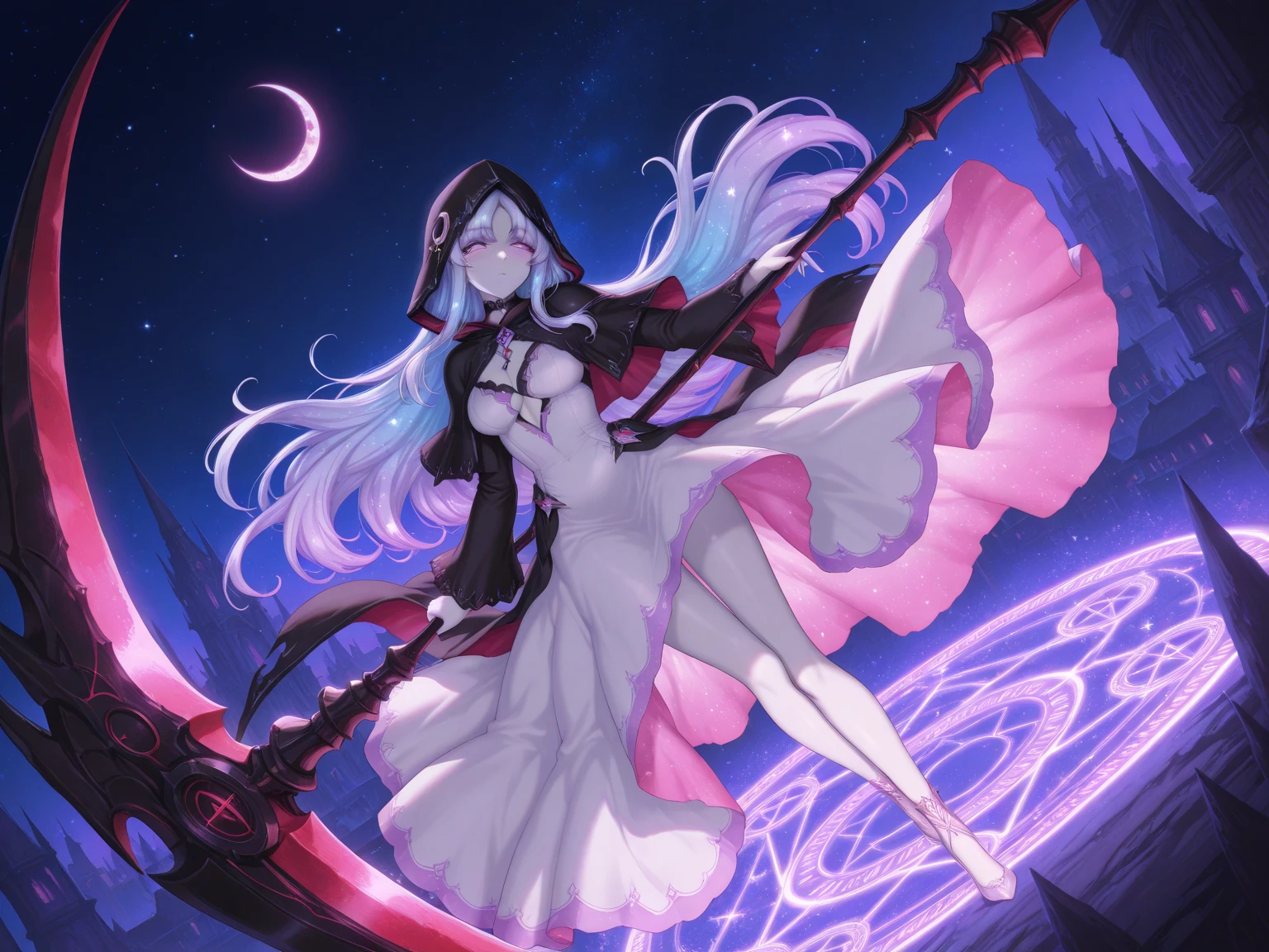(Incredibly high resolution, masterpiece, highest quality, extremely detailed, CG, official art, precise and unparalleled illustration: 1.3), 1 female, solo, (white-clad Grim Reaper), (white dress, flowing layered lilac dress, hood at neckline), (long flowing lilac hair, shaggy, parted bangs, hair trailing back, glowing purple eyes, half-open slanted eyes, expression hidden in the shadow of the hood, black-painted expression: 2.0, pale skin, perfect female proportions), (holding the hilt of a scythe in both hands, a large scythe shaped like a crescent moon, a giant Grim Reaper scythe made of ice, swinging the scythe as if dancing, the scythe was summoned from a magic circle, flying Dynamic pose as if she were in a sea cave), (Beautiful detailed background, Sexy cutout, Background: Otherworldly space with a giant crescent moon), (Background: Stylized cityscape made up of vibrant geometric shapes in shades of purple, pink and blue, A moon-shaped sickle takes up most of the image and sits atop a cityscape that stretches across the middle ground, Stars are scattered across the dark night sky, The colors are vibrant and bright with an emphasis on light purple, blue and pink, creating a dreamy and fantastical atmosphere, Dark fantasy atmosphere, The buildings have a terrifying atmosphere of the underworld, A high angle view of a girl on top of a city, The lighting is bright and highlights the character and the decoration of the sickle, Dynamic angle, Dutch angle)