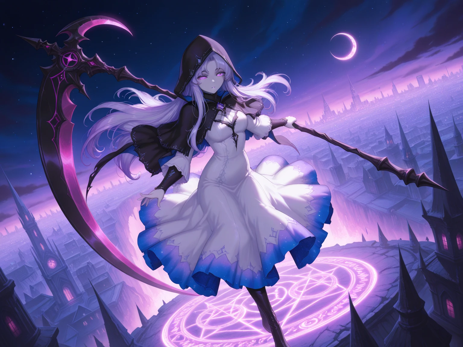 (Incredibly high resolution, masterpiece, highest quality, extremely detailed, CG, official art, precise and unparalleled illustration: 1.3), 1 female, solo, (white-clad Grim Reaper), (white dress, flowing layered lilac dress, hood at neckline), (long flowing lilac hair, shaggy, parted bangs, hair trailing back, glowing purple eyes, half-open slanted eyes, expression hidden in the shadow of the hood, black-painted expression: 2.0, pale skin, perfect female proportions), (holding the hilt of a scythe in both hands, a large scythe shaped like a crescent moon, a giant Grim Reaper scythe made of ice, swinging the scythe as if dancing, the scythe was summoned from a magic circle, flying Dynamic pose as if she were in a sea cave), (Beautiful detailed background, Sexy cutout, Background: Otherworldly space with a giant crescent moon), (Background: Stylized cityscape made up of vibrant geometric shapes in shades of purple, pink and blue, A moon-shaped sickle takes up most of the image and sits atop a cityscape that stretches across the middle ground, Stars are scattered across the dark night sky, The colors are vibrant and bright with an emphasis on light purple, blue and pink, creating a dreamy and fantastical atmosphere, Dark fantasy atmosphere, The buildings have a terrifying atmosphere of the underworld, A high angle view of a girl on top of a city, The lighting is bright and highlights the character and the decoration of the sickle, Dynamic angle, Dutch angle)