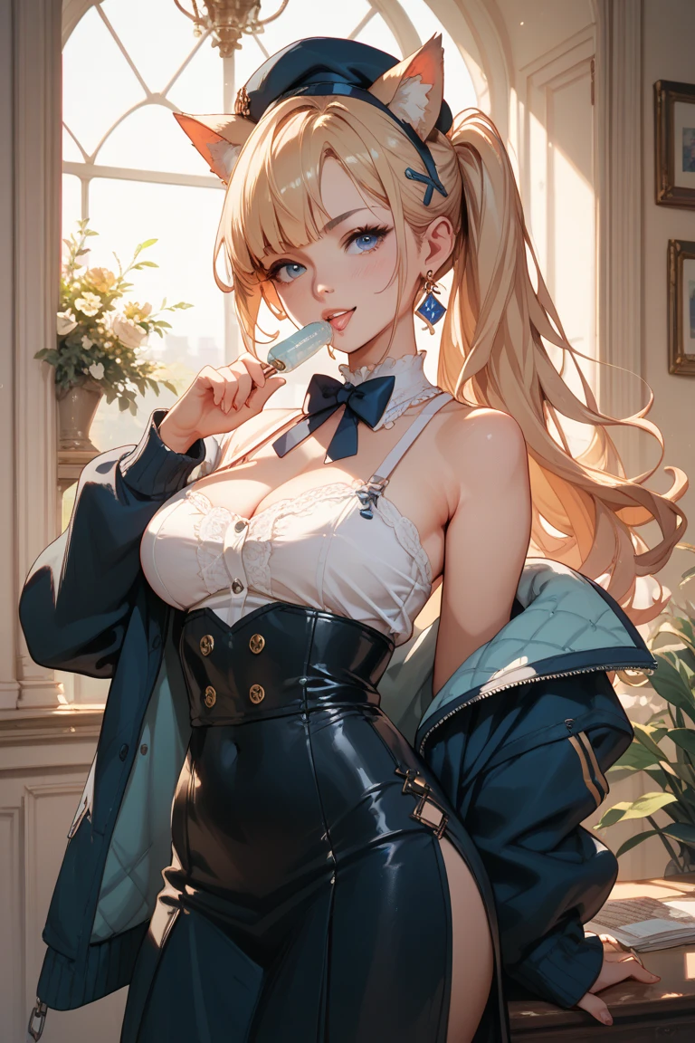 ((Best Quality)), (ultra-detailliert), ((Extremely detailed)), (Beautiful), ((Kawaii Girl)),(two side up hair)、((masutepiece)), ((Platinum Blonde Hair)), Long hair, hair between eye, Wavy Hair, Long sideburns, Jade-colored eyes, White skin, Colossal tits、(Rabbit ears), Slender body, ((Blue Playboy bunny)), Fishnet tights, High heels , ((Casino)), Standing, One Woman, Anime