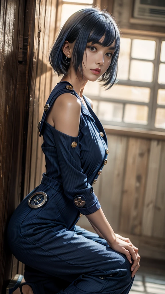 a beautiful young girl with short blue hair, a light smile, brown eyes, hair clips, lips, stud earrings, semi-rimless eyewear, wearing a glossy blue bodysuit, with a large buttocks and large breasts, (best quality,4k,8k,highres,masterpiece:1.2),ultra-detailed,(realistic,photorealistic,photo-realistic:1.37),highly detailed face, extremely detailed eyes and face, long eyelashes, beautiful detailed eyes, beautiful detailed lips, concept art, cinematic lighting, vibrant colors, hyper-realistic