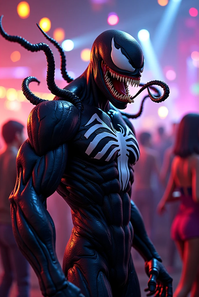 Create Venom represented as a person with a microphone in his hand, Disney Pixar style