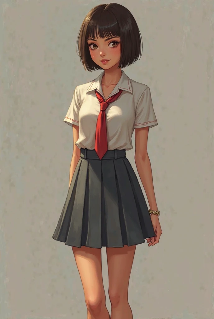 Create a retro vintage waitress teen with dark brown hair and bangs, with dark brown eyes, (((5 toes , girl kidnapped,black toes nails,legs together, feet together, feet tied together with ropes around both feet, tied legs together,restrained hands with ropes on back,Focus full body, standing, with no shoes, perfect feet, in bondage))),old style drawing 50s retro vintage