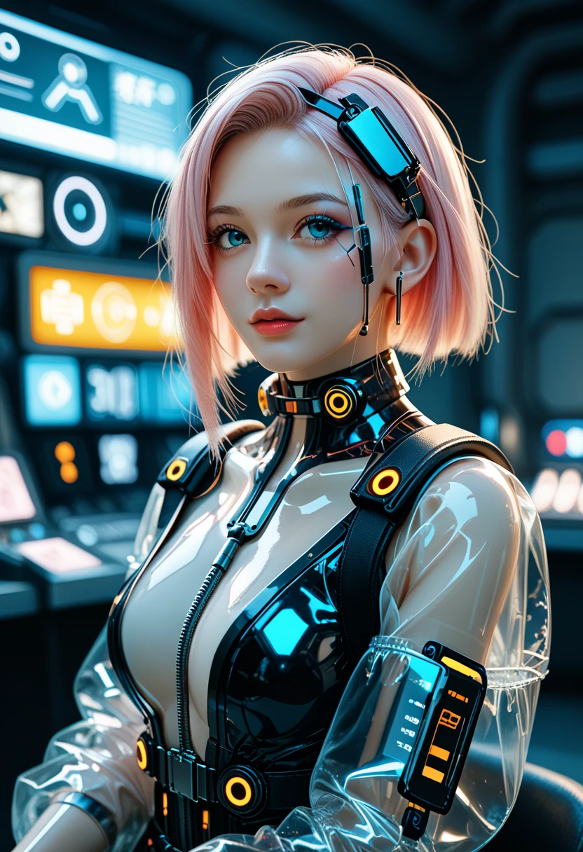 A photo of a young pretty, nerdy woman sitting in a cafe, wearing a white shirt and a bow, surrounded by a cozy lofi atmosphere, looking at the viewer. Short Pink Hair, Stunning Glow Lite Blue Eyes, Amazing beautiful shining hitech astropunk helmet with a big faceshield like an ultimate astronaut, cinematic lut colors, stunning masterpiece of photography, Traditional Cyberbodies, Realistic,DERPD, Science-Fiction, serie-b movie scene. blacklights fluorescent colors, neon-noir ascents, contrasting lsd colors, blue theme