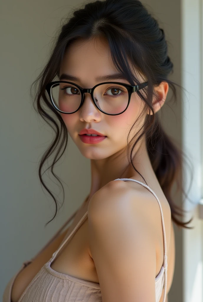 a cute chinese girl in glasses, underwear, photorealistic, 8k, mid size breasts, mid size butt, beautiful detailed eyes, beautiful detailed lips, extremely detailed face, long eyelashes, detailed skin, natural lighting, soft shadows, intricate fabric details, studio lighting, cinematic composition, warm color palette, high contrast, depth of field, hyper-realistic, masterpiece, professional photography