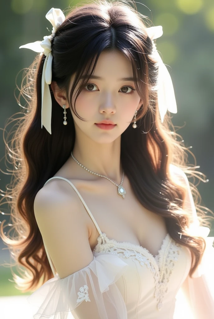 (8K, RAW photos, best qualtiy, tmasterpiece:1.2),(realisticlying, photograph realistic:1.4)
(Lolita costume),Lace, Aerith Gainsborough, The upper part of the body, undergarments,exposed bare shoulders, do lado de fora, Old castle,Brown hair, high high quality, Adobe Lightroom, highdetailskin, looking at viewert,
