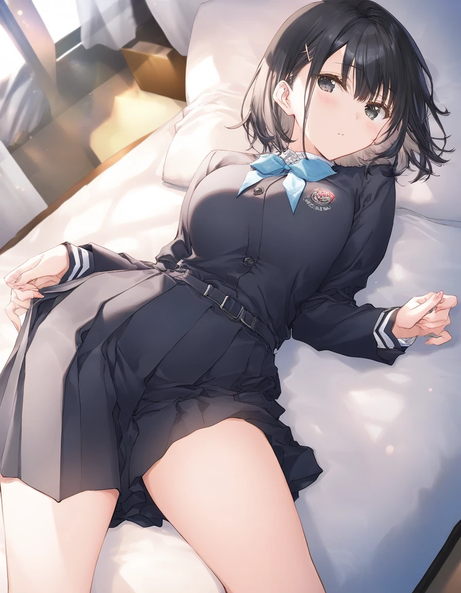 Navy blue short-sleeved sailor suit:1.9. Dark blue skirt:1.9. Tall woman in anime with vivid colors:1.9 Scream:1.9. Lie on the bed with your legs wide open:1.3 Sweat, breasts, buttocks, troubled face, glaring, wrinkled brows, flushed cheeks, night:1.3 Apartment bedroom, white sheets, short black hair, ponytail:1.9 Straight hair, bangs swept to the side:1.9. Slanted eyes, brown eyes, tall, big breasts, strong-willed, beautiful