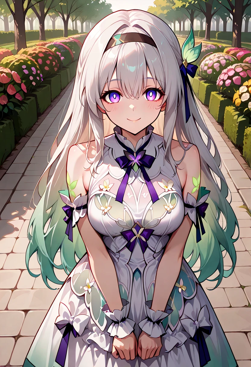 best quality, highres, ultra-detailed, Emilia, grey_hair, upper_body, lower_body, standing,  large_breasts, cleavage, very_long_hair, white_thigh_boots, <lyco:EmiliaV32-000080:1.0>