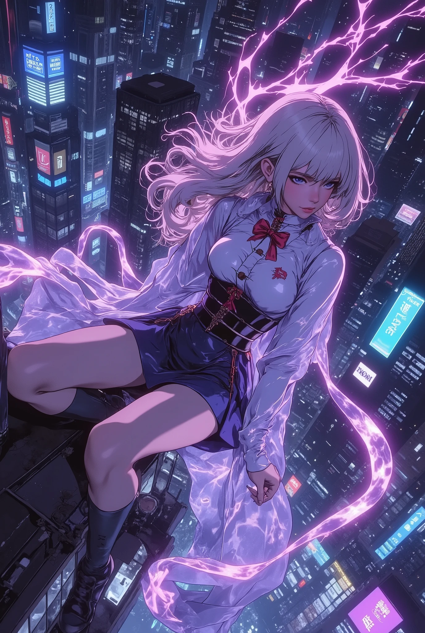 ((The translucent glass-like cloak is tinged with a delicate and mysterious semi-illumination, and streaks of purple and blue light flow gracefully through the space))、((Glass cloak))。A cyber-city at night. A translucent cloak with a fluid glass texture creates beautiful trails as it catches the wind, and a faint bluish-white semi-luminescence brings out its outlines. In the background are neon-lit skyscrapers. A dynamic low camera angle captures the moment when a female hunter with a toned figure leaps from the top of a building. Futuristic, cold-toned digital art, sharp details, cinematic composition.anime,
sakuya hime, flared mini skirt。action,Dynamic composition.