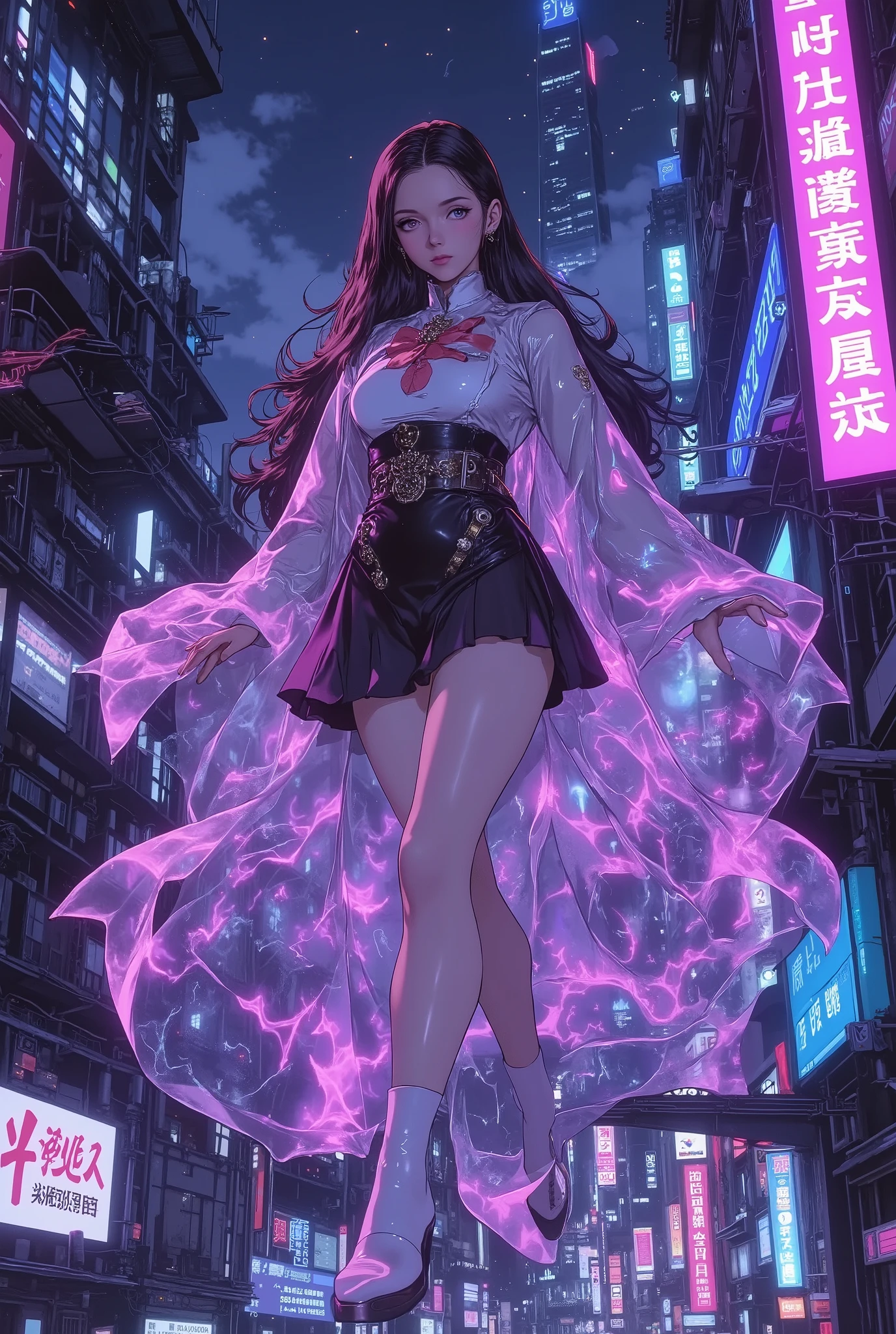 ((The translucent glass-like cloak is tinged with a delicate and mysterious semi-illumination, and streaks of purple and blue light flow gracefully through the space))、((Glass cloak))。A cyber-city at night. A translucent cloak with a fluid glass texture creates beautiful trails as it catches the wind, and a faint bluish-white semi-luminescence brings out its outlines. In the background are neon-lit skyscrapers. A dynamic low camera angle captures the moment when a female hunter with a toned figure leaps from the top of a building. Futuristic, cold-toned digital art, sharp details, cinematic composition.anime,
sakuya hime, flared mini skirt。action,Dynamic composition.