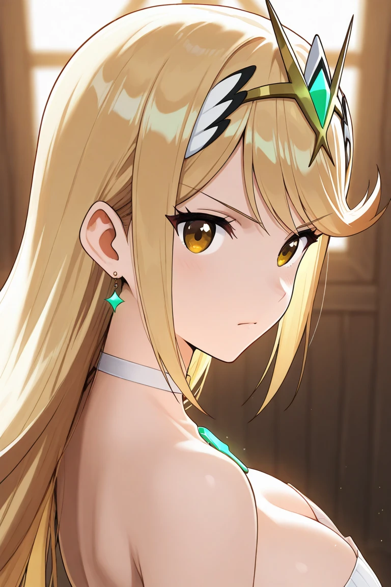 amazing quality, best quality, by lizhiyan360, 1girl, solo, long hair, looking at viewer, blush, blue eyes, blonde hair, hair ornament, red dress, sleeveless dress, cleavage, bare shoulders, upper body, small breasts, blunt bangs, center opening, hair stick, <lora:Aoi-000003:1>