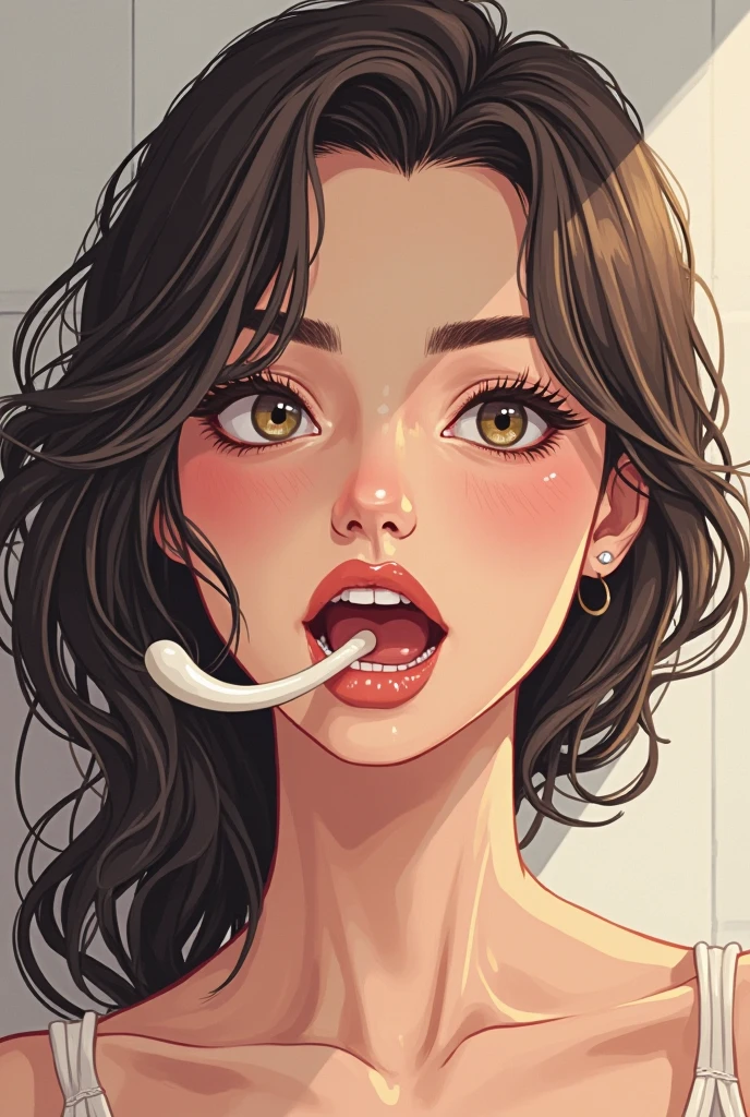 score_9, score_8_up,score_7_up, score_6_up, score_5_up, score_4_up, woman, best quality, highres, portrait, solo, beautiful, makeup, soft lips, hermione, grimace, put out your tongue, large cleavage, snake double tongue, beautiful and complexe soft micro bra, black choker