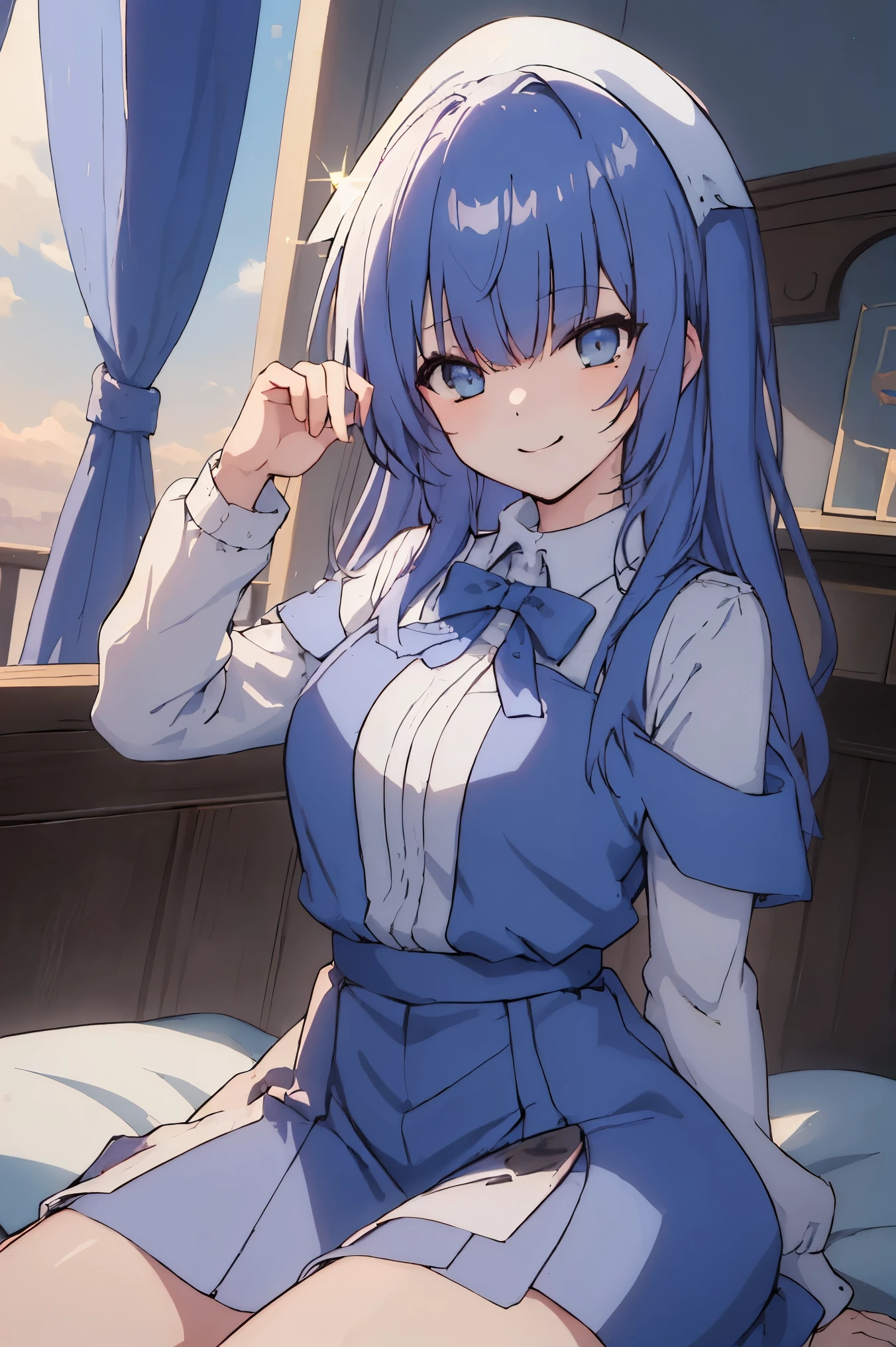 best quality, master piece, lying on her Head on the pillow, lying down, big bed, lens flare, sparkle, reflection light, legs, smile, sexy, not big chest, Enchanted face, cute face, blue hair, blue eyes, transparent eyes, night, sunset, beautiful legs, simple composition, blue dress, erotic