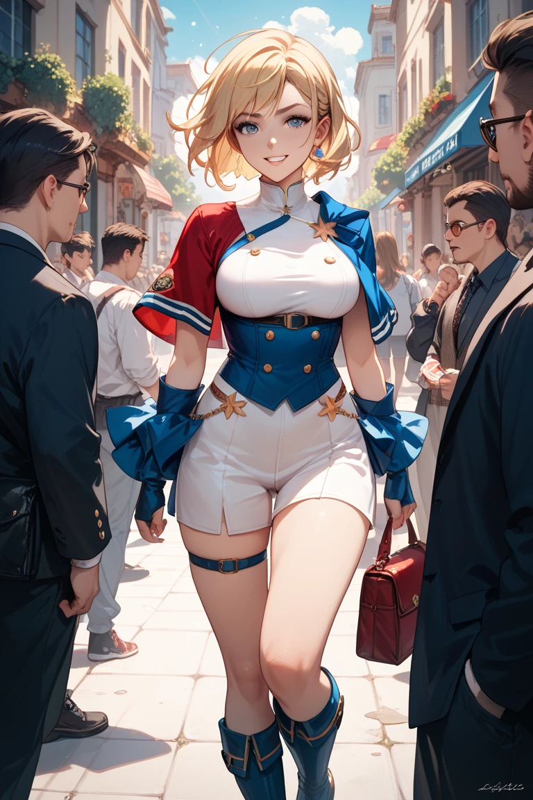 Imagine a patriotic parade with vintage and futuristic floats marching through a street adorned with fractal decorations, symbolizing the timeless spirit of Independence Day. enormous tits