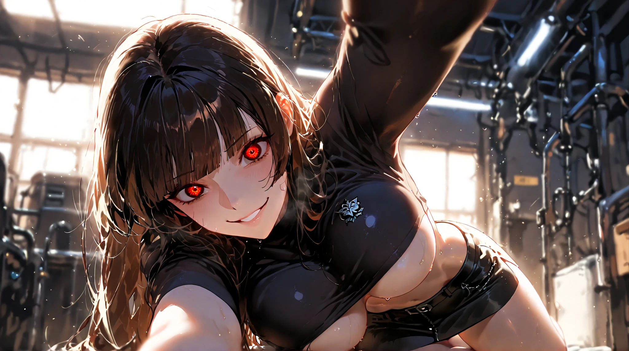 1girl, double v, breasts, outdoors, alley, happy, kneeling, from above, looking at viewer, after, cum in mouth, ahegao face, flat chest, loli, thic thighs, black stockings --auto