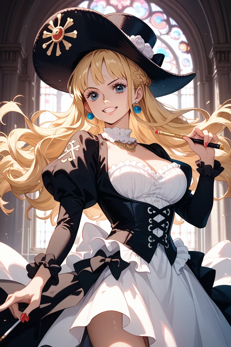 masterpiece, best quality, 1girl, solo, hat, blonde-hair, drill-hair, gloves, breasts, blue-eyes, witch-hat, thigh-boots, thighhighs, boots, elbow-gloves, open-mouth, staff, purple-headwear, smile, dress, full-body, simple-background, cleavage, large-breasts, looking-at-viewer, purple-dress, very-long-hair, purple-gloves, holding, purple-footwear, wand standing-on-one-leg, twin-drills, holding-staff, witch, black-footwear, puffy-sleeves