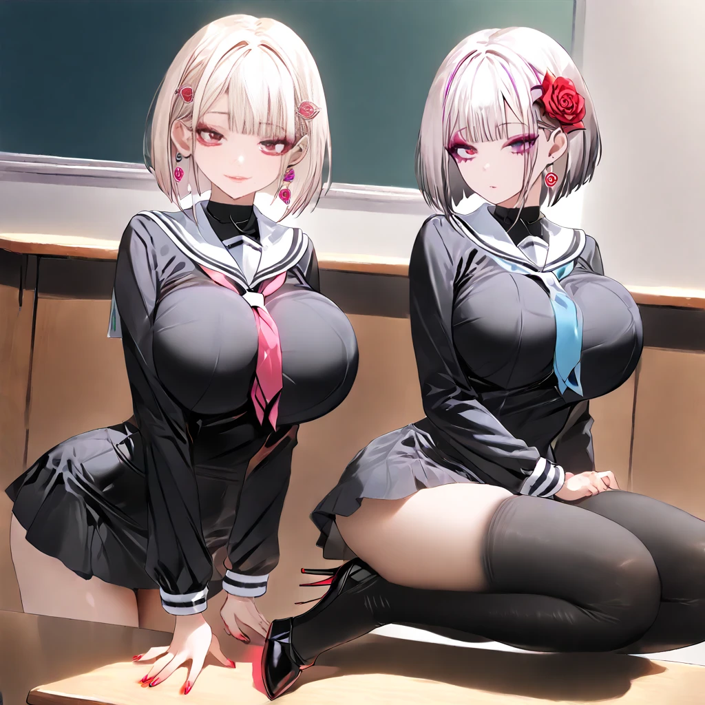 ((2 girls))、(smile:1.5)、(blush:1.4)、shirt、blouse、((fun!!))、Kirarhythm、(Small breasts)、(Blonde)、Silver Hair、(single braid)、(Eye highlights:1.3)、blake black shoes,(黒いskirt)、bow, button, 襟の付いたshirt, Long sleeve,  ((red bow tie, , Black jacket, Open jacket, (White cardigan:1.5), 白のshirt, 黒のskirt, チェック柄のskirt、white socks)),, shirtを,, skirt, socks, Thighs, 白い shirt, Rest indoors, ((classroom:1.5))、 BREAK while watching the audience、(skirtを掴む:1.0)、 (Perfect hands, Perfect Anatomy),Cowboy Shot、(skirt lift:1.3), (Pull Panties)、((Shaved pussy:1.5))、(skirt that rolls up:1.3)、(Highly detailed labia fully exposed:1.5)、(Photo from below)、blue eyes