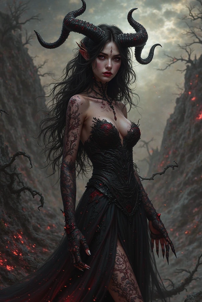 Woman 30 years old cute demon with short hair and big scythe as a weapon bigger clothes more demon style, horns and tail , but beautiful face