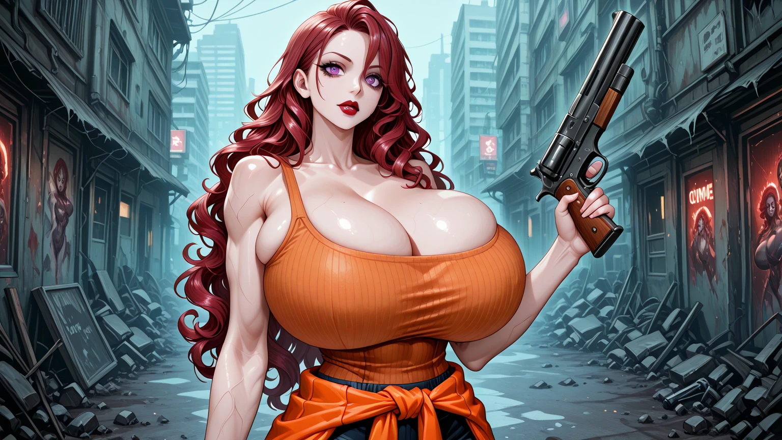 (gigantic breasts:1.2), large areolae, brown hair, ponytail hair, town background, 
slingshot swimsuit,