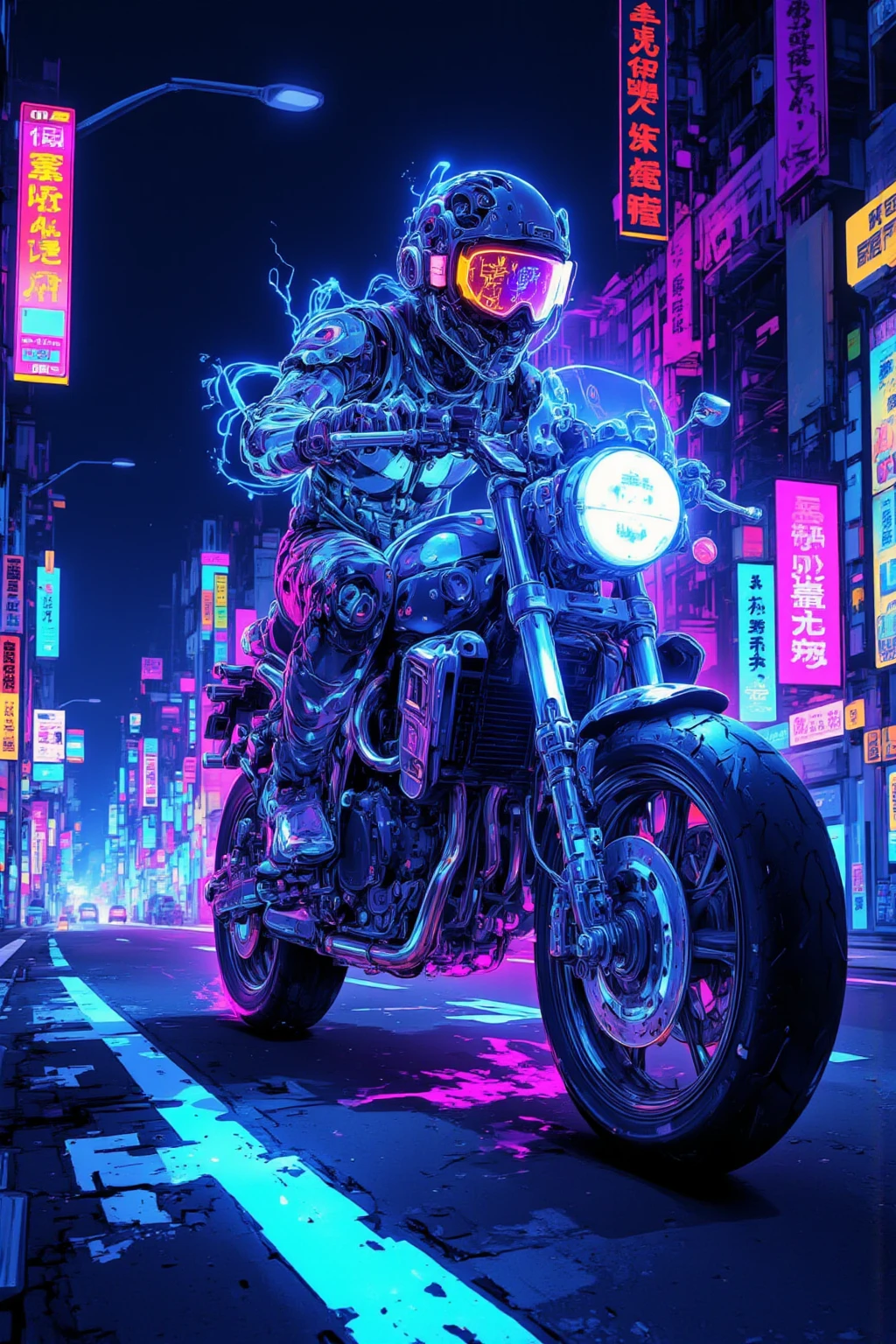 Sci-fi futuristic city background、skeleton frame,bike in the transparent view of the skeleton frame is a crazy man riding a motorcycle that emits half light with the、Neon blue and purple glowing,Man in metallic rider suit,Holographic visor on helmet,highway,Cyberpunk city background with neon lights,Aerial road and hovering vehicle,Man leaning forward with both hands on handlebars,Detailed Details,Energy lines on luminous parts of motorcycle,HUD on man's helmet（head-up display）Wind information display,Drone and holographic advertisement on urban background,A mysterious and fantastic atmosphere , backlight,  ultra realistic configuration  , surreal style in Las Vegas, Neo-surrealism blue and purple shades,digital art , surrealistic  digital art  work, Surreal Scene ,Made with surreal photos , surreal 3 d render, Surrealist conceptual art, dreamy art,Made with surreal photos    graphy,Surrealist Photos,super high image quality,very well detailed, proximity method ,Strange 80s Style Synthwave, Thin Wave Style   ,   Miami Synthwave , 2009 Synthwave Art Style SF8K Movie  ,    or broken down  , post-apocalyptic ,  Dark Blue and Purple  ,  Use orange or yellow sparingly as accent color, color outline ,The crystal bike