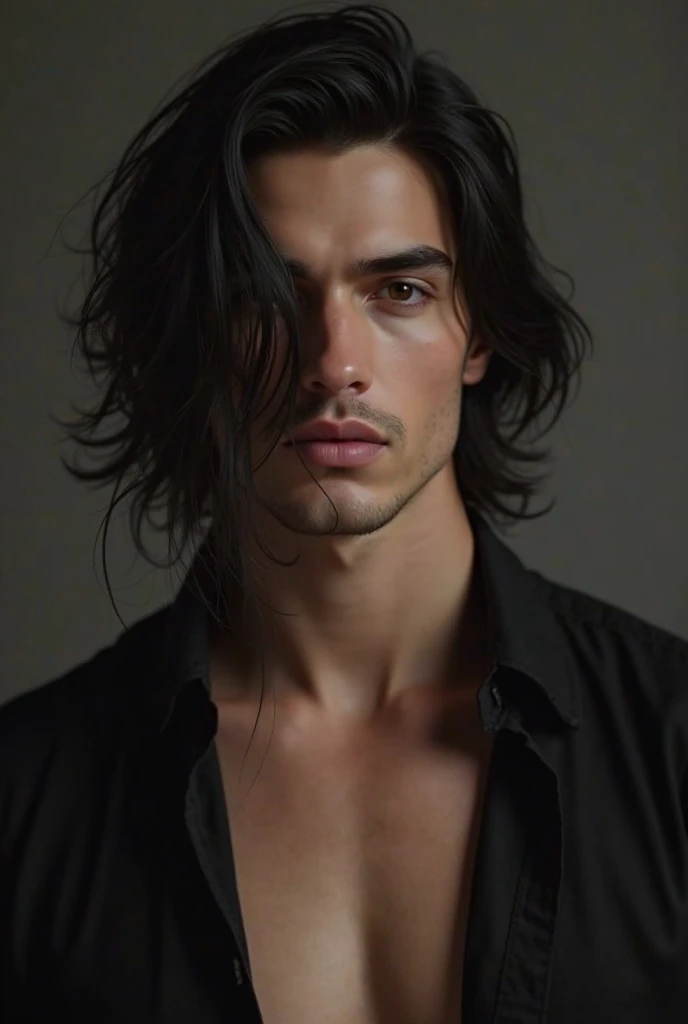 photo realistic, charming young man with black messy hair, attractive