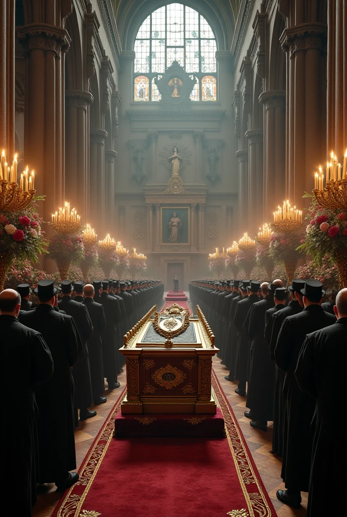 big room , a luxurious mansion, Luxurious room , a sick woman lies in a distant bed . Many servants walk around . The style of the painting, oil painting . a tragedy