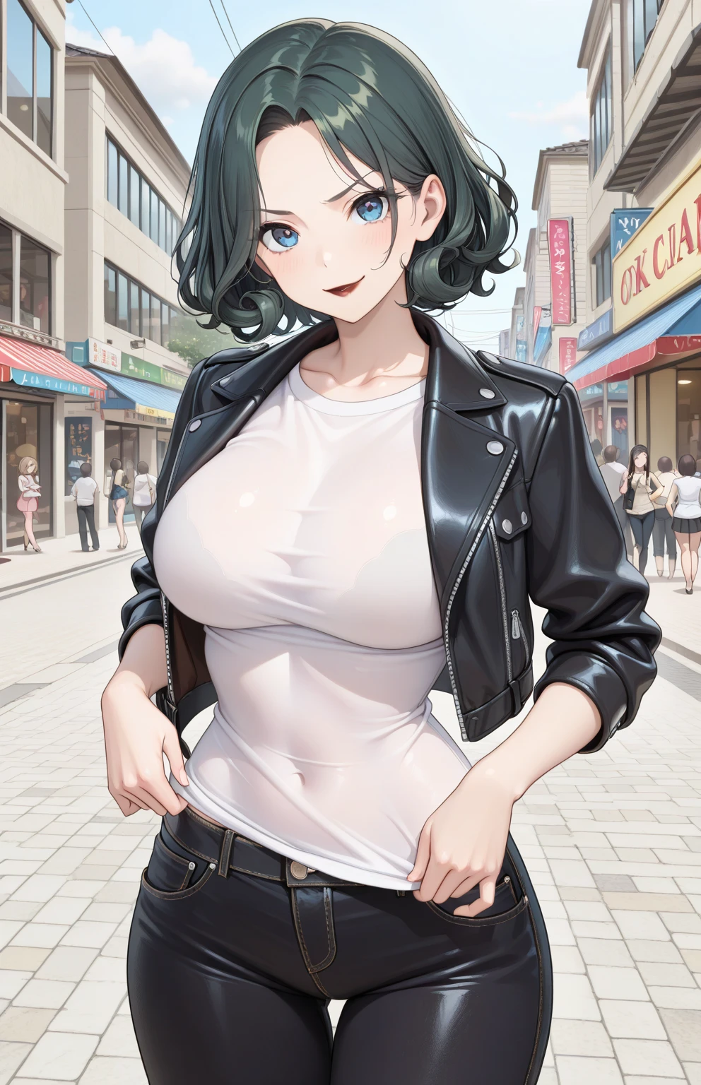mature woman, mature face, hot face, glossy lips, (black hair, short hair, hime bangs), sunglasses, mature body, big breast, gray tank top, black leather jacket, tight pants, sidewalk, (night)