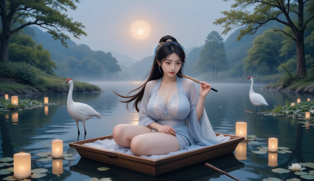 Beautiful Goddess(1 person)、Play an old stringed instrument、Riding a big white snake、Beautiful and pretty woman、Big Breasts、Black Hair、Captivating body、Riverside on a moonlit night、Floating lotus flower、8k、Realistic