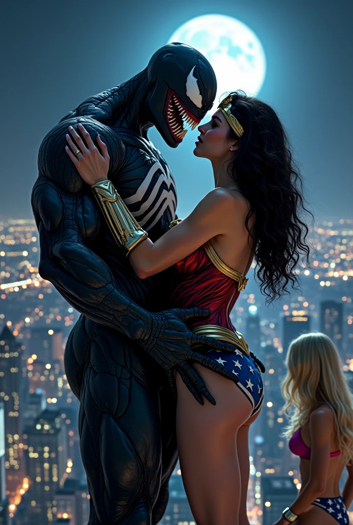 Venom and Wonder Woman Romantic Dance: "Venom and Wonder Woman slow dancing under a canopy of stars, with a soft glow illuminating their faces. Venom's usually menacing expression softened as he gazes lovingly into Wonder Woman's eyes.