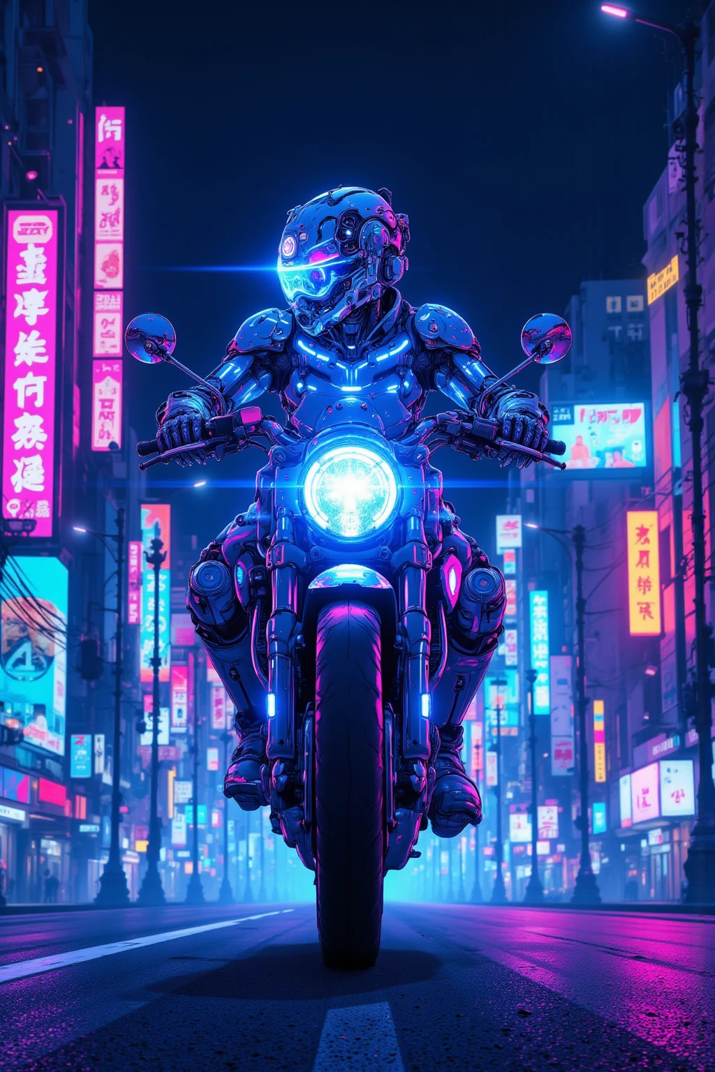 Sci-fi futuristic city background、skeleton frame,bike in the transparent view of the skeleton frame is a crazy man riding a motorcycle that emits half light with the、Neon blue and purple glowing,Man in metallic rider suit,Holographic visor on helmet,highway,Cyberpunk city background with neon lights,Aerial road and hovering vehicle,Man leaning forward with both hands on handlebars,Detailed Details,Energy lines on luminous parts of motorcycle,HUD on man's helmet（head-up display）Wind information display,Drone and holographic advertisement on urban background,A mysterious and fantastic atmosphere , backlight,  ultra realistic configuration  , surreal style in Las Vegas, Neo-surrealism blue and purple shades,digital art , surrealistic  digital art  work, Surreal Scene ,Made with surreal photos , surreal 3 d render, Surrealist conceptual art, dreamy art,Made with surreal photos    graphy,Surrealist Photos,super high image quality,very well detailed, proximity method ,Strange 80s Style Synthwave, Thin Wave Style   ,   Miami Synthwave , 2009 Synthwave Art Style SF8K Movie  ,    or broken down  , post-apocalyptic ,  Dark Blue and Purple  ,  Use orange or yellow sparingly as accent color, color outline ,The crystal bike