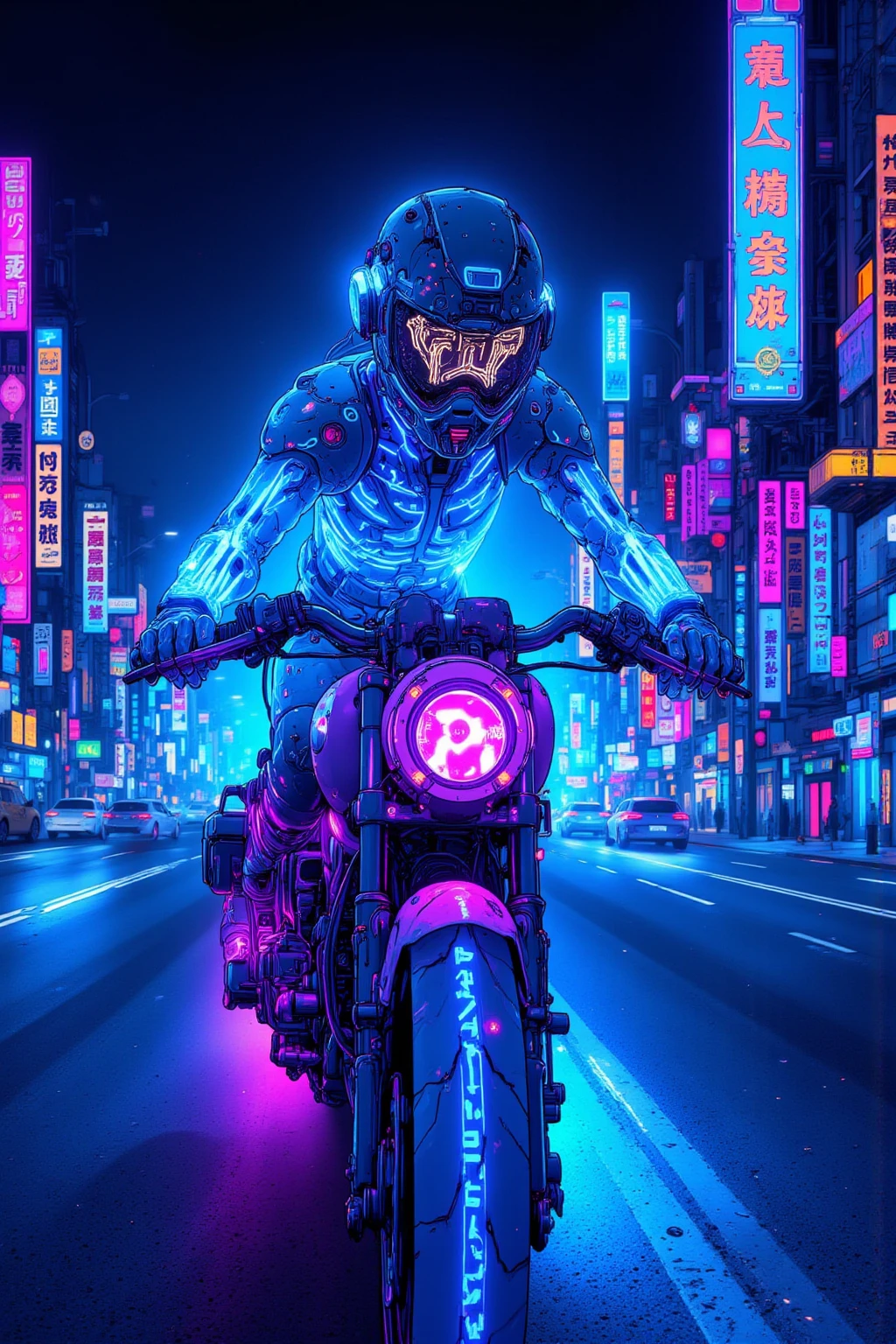 Sci-fi futuristic city background、skeleton frame,bike in the transparent view of the skeleton frame is a crazy man riding a motorcycle that emits half light with the、Neon blue and purple glowing,Man in metallic rider suit,Holographic visor on helmet,highway,Cyberpunk city background with neon lights,Aerial road and hovering vehicle,Man leaning forward with both hands on handlebars,Detailed Details,Energy lines on luminous parts of motorcycle,HUD on man's helmet（head-up display）Wind information display,Drone and holographic advertisement on urban background,A mysterious and fantastic atmosphere , backlight,  ultra realistic configuration  , surreal style in Las Vegas, Neo-surrealism blue and purple shades,digital art , surrealistic  digital art  work, Surreal Scene ,Made with surreal photos , surreal 3 d render, Surrealist conceptual art, dreamy art,Made with surreal photos    graphy,Surrealist Photos,super high image quality,very well detailed, proximity method ,Strange 80s Style Synthwave, Thin Wave Style   ,   Miami Synthwave , 2009 Synthwave Art Style SF8K Movie  ,    or broken down  , post-apocalyptic ,  Dark Blue and Purple  ,  Use orange or yellow sparingly as accent color, color outline ,The crystal bike