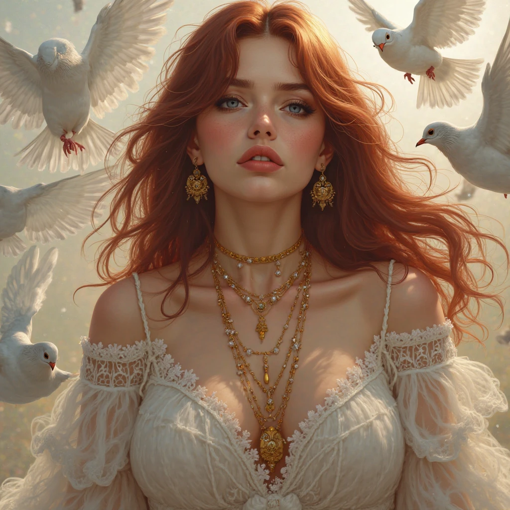 Woman with curves
Medium-length dark red hair
Doves behind
Gold jewelry in the hair and neck
Dark blue eyes 