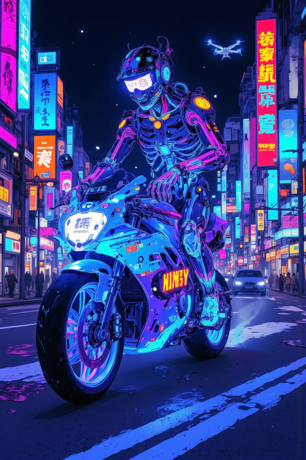 Sci-fi futuristic city background、skeleton frame,bike in the transparent view of the skeleton frame is a crazy man riding a motorcycle that emits half light with the、Neon blue and purple glowing,Man in metallic rider suit,Holographic visor on helmet,highway,Cyberpunk city background with neon lights,Aerial road and hovering vehicle,Man leaning forward with both hands on handlebars,Detailed Details,Energy lines on luminous parts of motorcycle,HUD on man's helmet（head-up display）Wind information display,Drone and holographic advertisement on urban background,A mysterious and fantastic atmosphere , backlight,  ultra realistic configuration  , surreal style in Las Vegas, Neo-surrealism blue and purple shades,digital art , surrealistic  digital art  work, Surreal Scene ,Made with surreal photos , surreal 3 d render, Surrealist conceptual art, dreamy art,Made with surreal photos    graphy,Surrealist Photos,super high image quality,very well detailed, proximity method ,Strange 80s Style Synthwave, Thin Wave Style   ,   Miami Synthwave , 2009 Synthwave Art Style SF8K Movie  ,    or broken down  , post-apocalyptic ,  Dark Blue and Purple  ,  Use orange or yellow sparingly as accent color, color outline ,The crystal bike