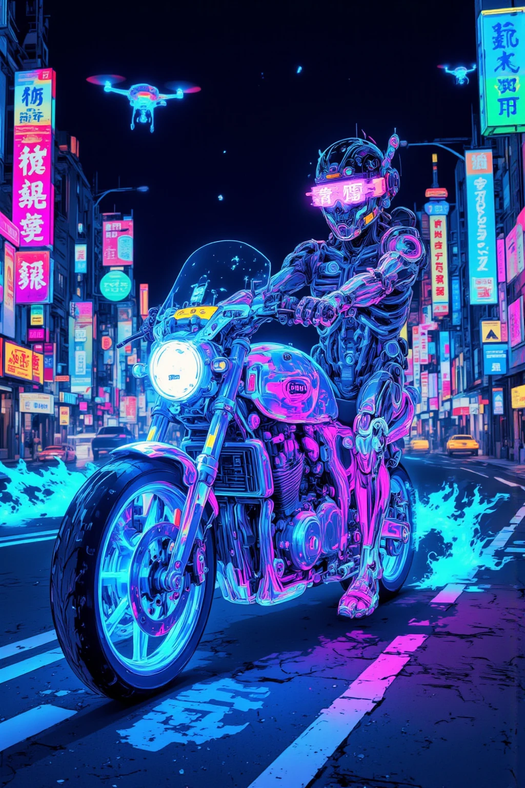 Sci-fi futuristic city background、skeleton frame,bike in the transparent view of the skeleton frame is a crazy man riding a motorcycle that emits half light with the、Neon blue and purple glowing,Man in metallic rider suit,Holographic visor on helmet,highway,Cyberpunk city background with neon lights,Aerial road and hovering vehicle,Man leaning forward with both hands on handlebars,Detailed Details,Energy lines on luminous parts of motorcycle,HUD on man's helmet（head-up display）Wind information display,Drone and holographic advertisement on urban background,A mysterious and fantastic atmosphere , backlight,  ultra realistic configuration  , surreal style in Las Vegas, Neo-surrealism blue and purple shades,digital art , surrealistic  digital art  work, Surreal Scene ,Made with surreal photos , surreal 3 d render, Surrealist conceptual art, dreamy art,Made with surreal photos    graphy,Surrealist Photos,super high image quality,very well detailed, proximity method ,Strange 80s Style Synthwave, Thin Wave Style   ,   Miami Synthwave , 2009 Synthwave Art Style SF8K Movie  ,    or broken down  , post-apocalyptic ,  Dark Blue and Purple  ,  Use orange or yellow sparingly as accent color, color outline ,The crystal bike