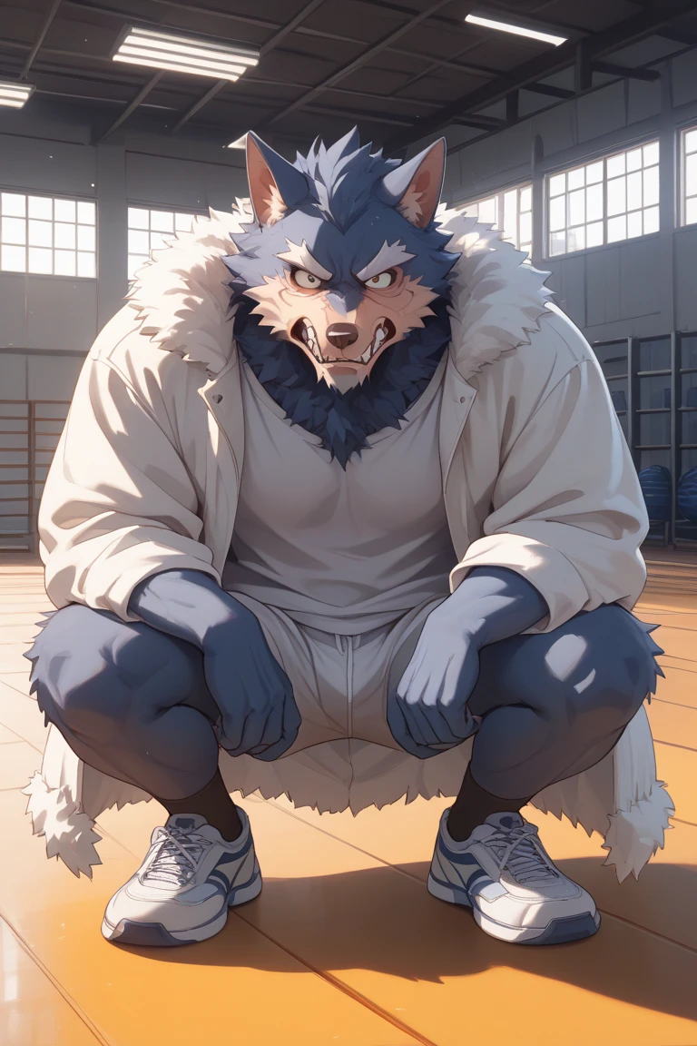 severed hand pulling down zip attached to kneel polar bear dad skin , track suit , detailed white feet five toes with white sock, profile, evil smug blush sweating , kemono , high quality , by rossciaco ( rear view) , covered in transparent slime