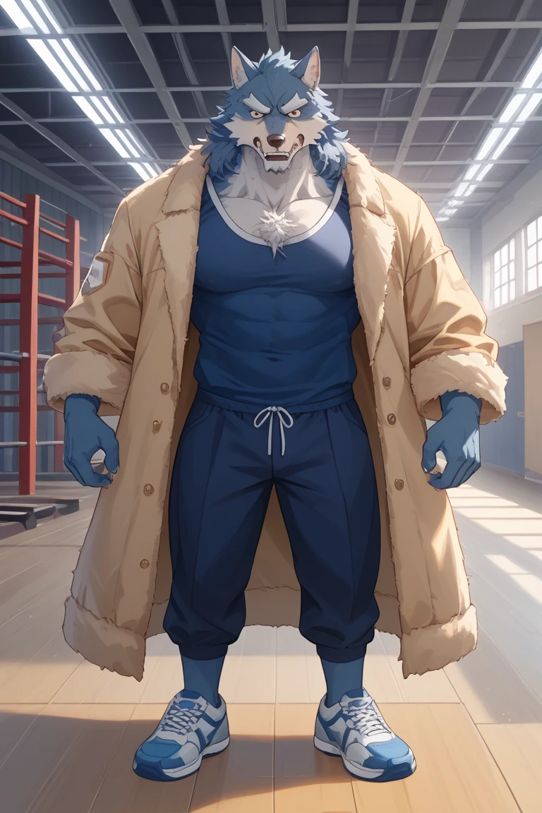 skinsuit standing chubby gray wolf dad ,blue eyes, naked white briefs , feet white  sock,  profile, evil grin, kemono , high quality  , by rossciaco  , ( below view) spread legs