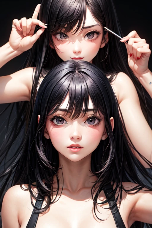 Black hair, green eyes, scars on the face