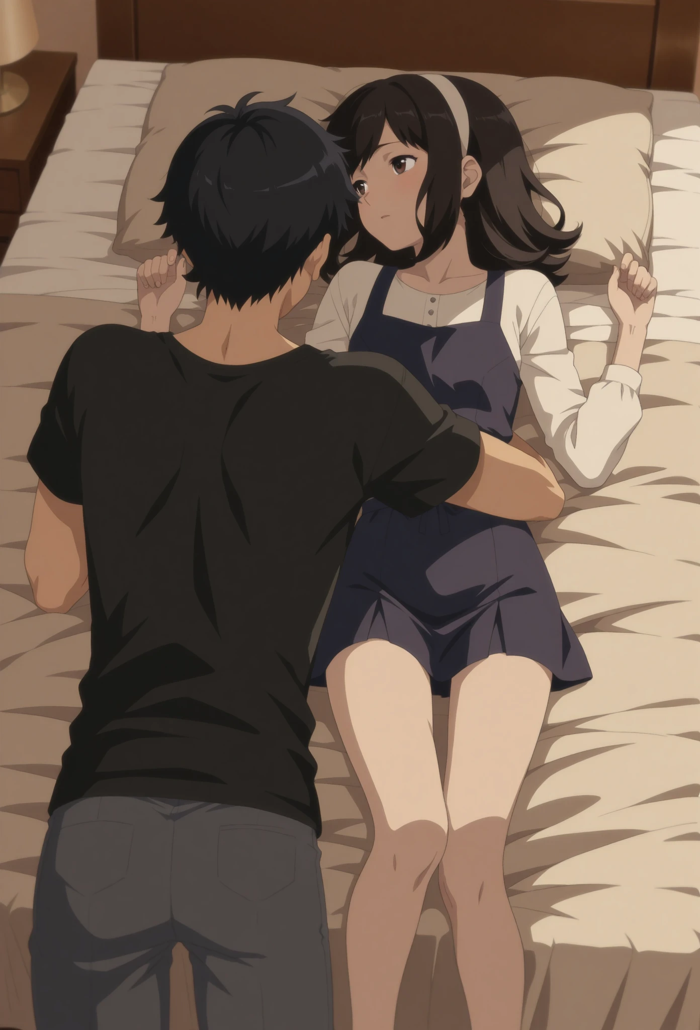 masterpiece:1.6, best quality), finely detailed beautiful eyes: 1.2), colorful, 1boy, buzzcut, muscular, purple eyes , boy caressing girl's body, breast groping, breast grope, hold breast,1girl, bangs, black hair, long hair, blush, bow, purple eyes, white bra lift up, medium breast, indoors, sit, sitting on bed , bed,bedroom, lamp, cowboy shot, face to face, kiss
