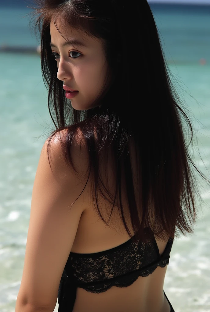 (A superb exquisite Kousaka Reina), (Kousaka Reina:1.5),
(photo realistic:1.4), (hyper realistic:1.4), (realistic:1.3),
(smoother lighting:1.05), (increase cinematic lighting quality:0.9), 32K,
1girl,16yo girl, realistic lighting, light on face, ray trace, (brightening light:1.2), (Increase quality:1.4),
(best quality real texture skin:1.4), finely detailed eyes, finely detailed face, finely quality eyes,
(tired and sleepy and satisfied:0.0), ((face closeup)),
(large chest), (Perfect Body Proportions), (slender Body Proportions),
(beachside), colorful bra & panties,
(Increase body line mood:1.1), (Increase skin texture beauty:1.1),((look back)),