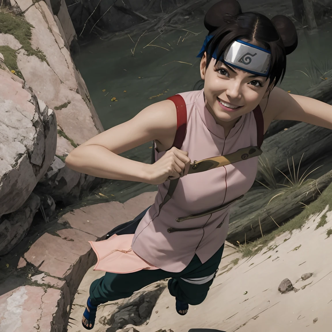 ibuki, black eyes, long black ponytail, ahoge, ninja, japanese clothes, bandages, bandana, covered mouth, fingerless gloves, gloves, half mask, hip vent, looking at viewer, standing, full body shot, arms crossed, outside, field, mountain, lake, night time, moon, high quality, masterpiece, <lora:ibuki-lyco-nochekaiser:.8>