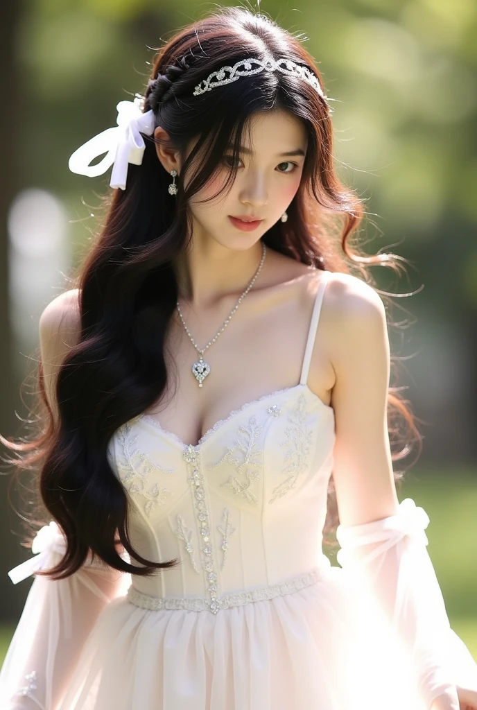 （Highly detailed body，Highly detailed face，Best quality at best：1.2） ，A woman who is，（Dandelions flutter in the wind in the background)，a Korean girl，HD photo effects,Artistic photos,lacy white dress，Long black hair，Long hair to the waist，beautiful  face,No bra。