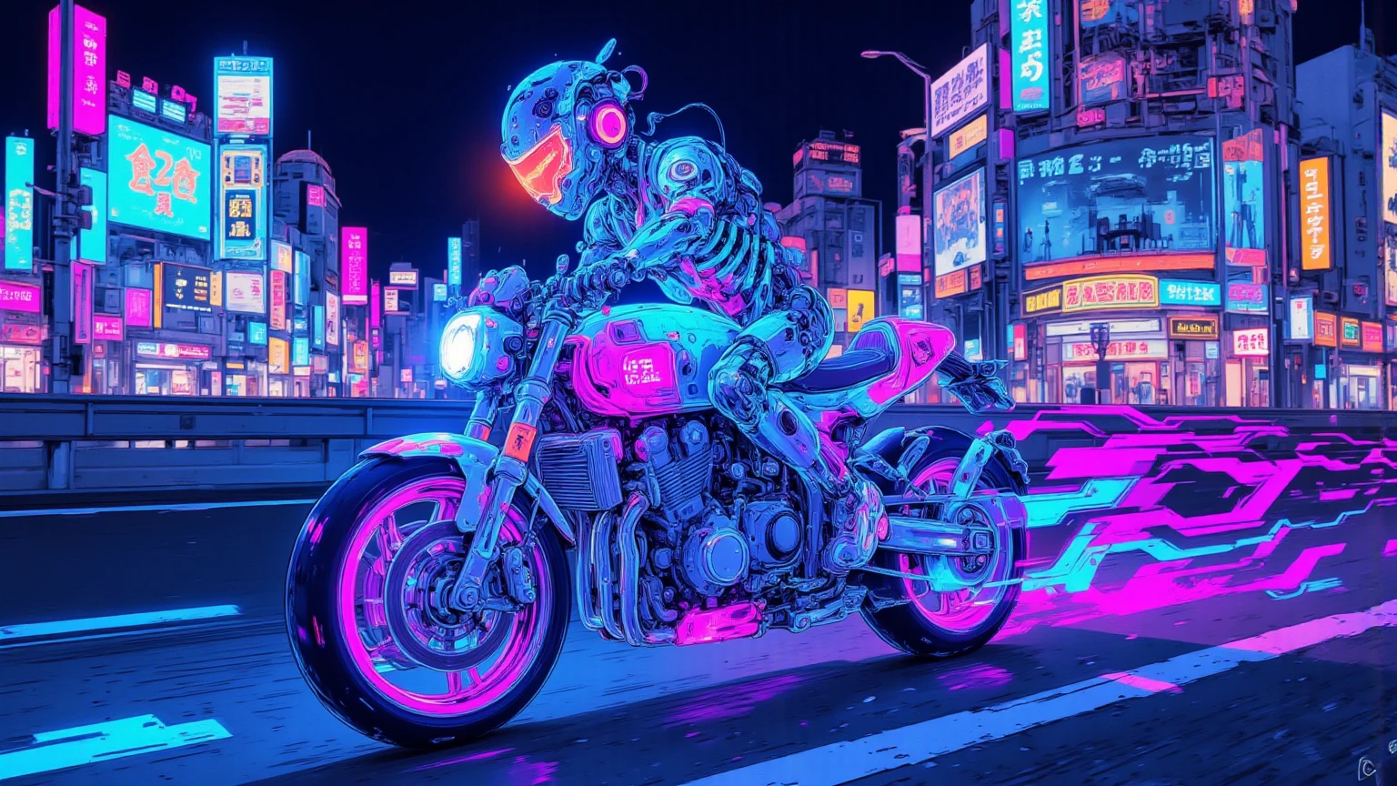 Sci-fi futuristic city background、skeleton frame,bike in the transparent view of the skeleton frame is a crazy man riding a motorcycle that emits half light with the、Neon blue and purple glowing,Man in metallic rider suit,Holographic visor on helmet,highway,Cyberpunk city background with neon lights,Aerial road and hovering vehicle,Man leaning forward with both hands on handlebars,Detailed Details,Energy lines on luminous parts of motorcycle,HUD on man's helmet（head-up display）Wind information display,Drone and holographic advertisement on urban background,A mysterious and fantastic atmosphere , backlight,  ultra realistic configuration  , surreal style in Las Vegas, Neo-surrealism blue and purple shades,digital art , surrealistic  digital art  work, Surreal Scene ,Made with surreal photos , surreal 3 d render, Surrealist conceptual art, dreamy art,Made with surreal photos    graphy,Surrealist Photos,super high image quality,very well detailed, proximity method ,Strange 80s Style Synthwave, Thin Wave Style   ,   Miami Synthwave , 2009 Synthwave Art Style SF8K Movie  ,    or broken down  , post-apocalyptic ,  Dark Blue and Purple  ,  Use orange or yellow sparingly as accent color, color outline ,The crystal bike