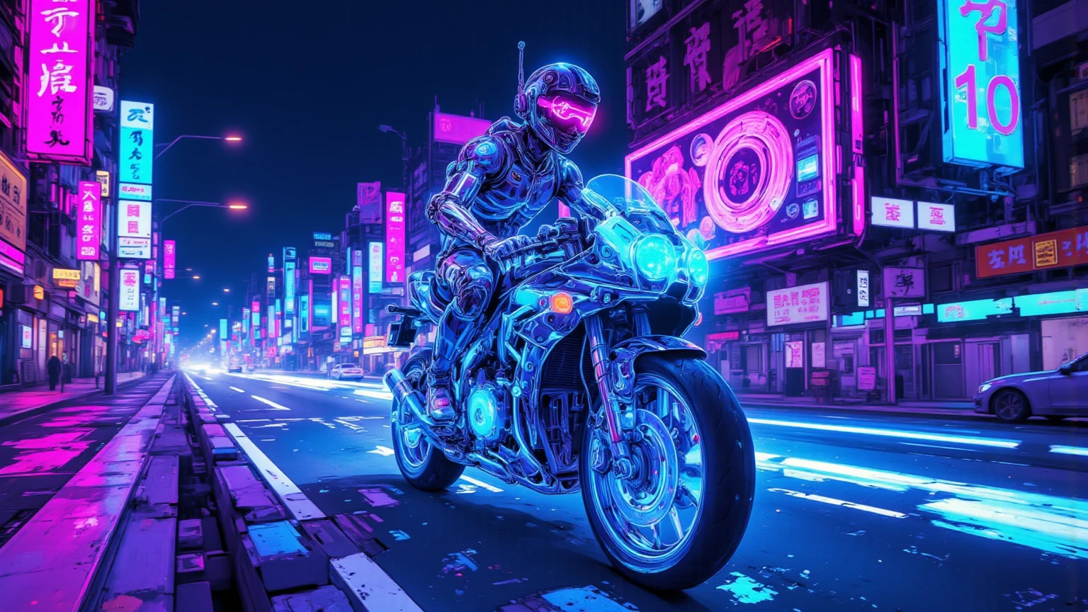 Sci-fi futuristic city background、skeleton frame,bike in the transparent view of the skeleton frame is a crazy man riding a motorcycle that emits half light with the、Neon blue and purple glowing,Man in metallic rider suit,Holographic visor on helmet,highway,Cyberpunk city background with neon lights,Aerial road and hovering vehicle,Man leaning forward with both hands on handlebars,Detailed Details,Energy lines on luminous parts of motorcycle,HUD on man's helmet（head-up display）Wind information display,Drone and holographic advertisement on urban background,A mysterious and fantastic atmosphere , backlight,  ultra realistic configuration  , surreal style in Las Vegas, Neo-surrealism blue and purple shades,digital art , surrealistic  digital art  work, Surreal Scene ,Made with surreal photos , surreal 3 d render, Surrealist conceptual art, dreamy art,Made with surreal photos    graphy,Surrealist Photos,super high image quality,very well detailed, proximity method ,Strange 80s Style Synthwave, Thin Wave Style   ,   Miami Synthwave , 2009 Synthwave Art Style SF8K Movie  ,    or broken down  , post-apocalyptic ,  Dark Blue and Purple  ,  Use orange or yellow sparingly as accent color, color outline ,The crystal bike
