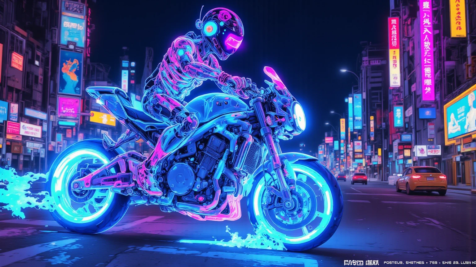 Sci-fi futuristic city background、skeleton frame,bike in the transparent view of the skeleton frame is a crazy man riding a motorcycle that emits half light with the、Neon blue and purple glowing,Man in metallic rider suit,Holographic visor on helmet,highway,Cyberpunk city background with neon lights,Aerial road and hovering vehicle,Man leaning forward with both hands on handlebars,Detailed Details,Energy lines on luminous parts of motorcycle,HUD on man's helmet（head-up display）Wind information display,Drone and holographic advertisement on urban background,A mysterious and fantastic atmosphere , backlight,  ultra realistic configuration  , surreal style in Las Vegas, Neo-surrealism blue and purple shades,digital art , surrealistic  digital art  work, Surreal Scene ,Made with surreal photos , surreal 3 d render, Surrealist conceptual art, dreamy art,Made with surreal photos    graphy,Surrealist Photos,super high image quality,very well detailed, proximity method ,Strange 80s Style Synthwave, Thin Wave Style   ,   Miami Synthwave , 2009 Synthwave Art Style SF8K Movie  ,    or broken down  , post-apocalyptic ,  Dark Blue and Purple  ,  Use orange or yellow sparingly as accent color, color outline ,The crystal bike