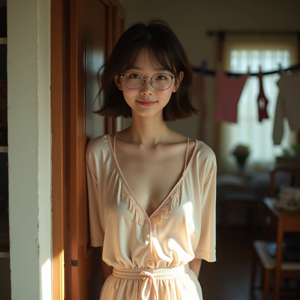 Top quality, one beautiful woman, 20 years old, 35mm lens, f/1, dark brown eyes, glasses, braids, black hair, pale skin, medium chest, slendar body, white pajamas, ((see through)), bed, brownn eyes, shy , smile, hand between legs,