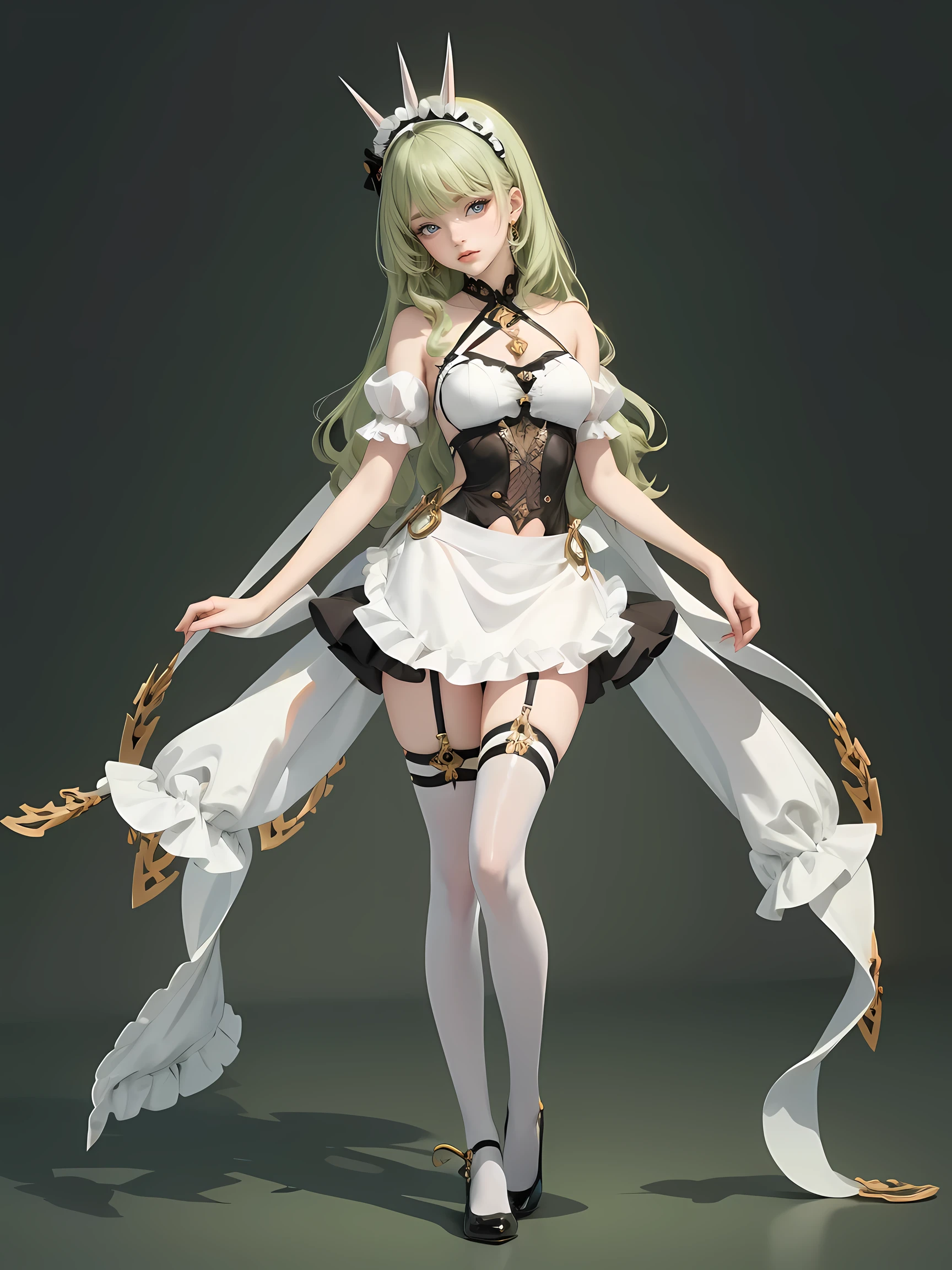 1girl, green hair, harness, white dress, chinese maid design, solo, buns hairstyle, symmetrical gloves, high socks, flare socks, harness, chinese maid dress, v neckline, garter on the legs, stand up, black apron, maid dress, chinese maid, chinese aesthetic, thigh gap, tassel, harness, very long hair, solid background, chinese maid uniform, full body, too many frills in her dress, magical girl, perfect anatomy, wearing a maid outfit with black and white color scheme, corset-style top, puffed sleeves, and a short ruffled skirt, stockings with garter belts, black shoes, arm accessories, gold jewelry, harness, jewelry, Cute pose, beautiful buns hairstyle, tassel, glow eyes, long hair with buns and bangs, high thigh, frills, harness, chinese maid uniform, chinese maid dress, black apron, garter on the legs, perfect legs, gold jewelry, solid background, stand up, blushing, maid headdress, chinese maid dress with too many frills, Chinese aesthetic, flare skirt, harness, centered girls, perfectly body, glowing hair, magical girl, more details on her clothes, golden details on her dress, tassel
