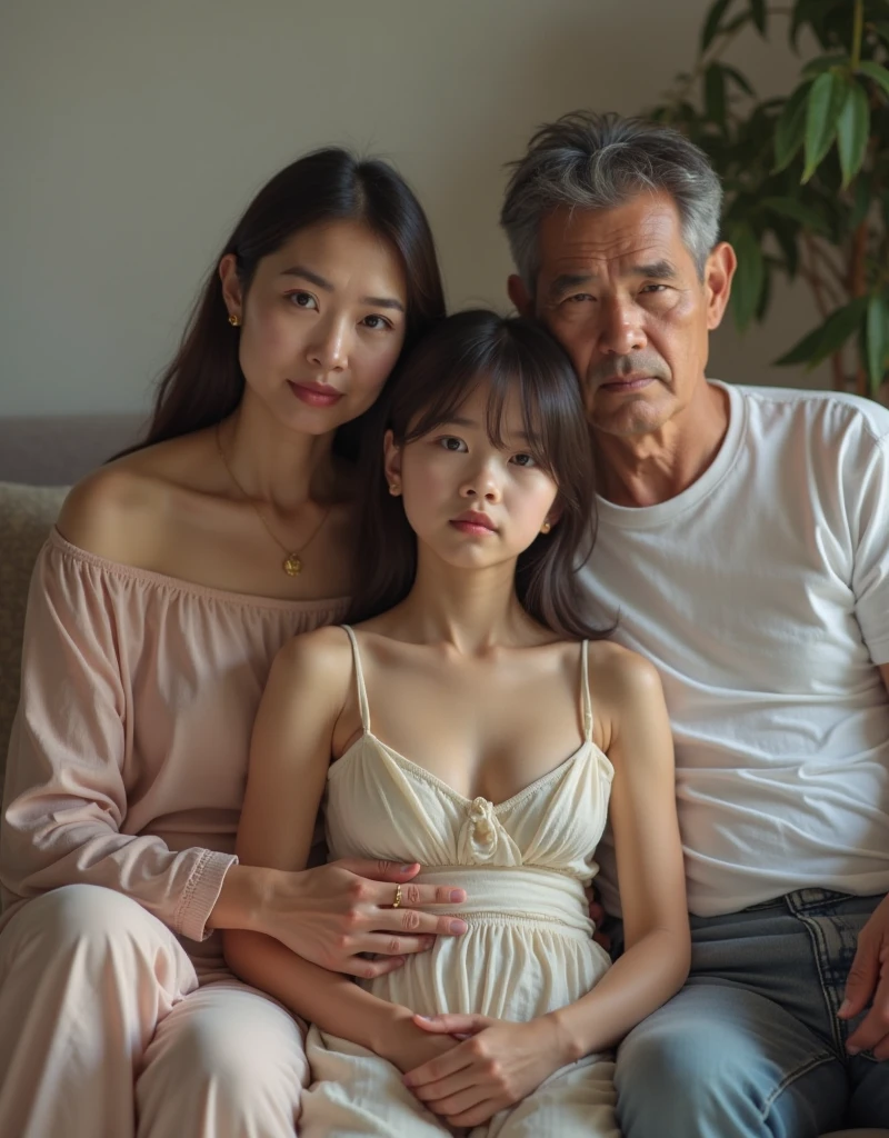 Japanese couples with an age difference, Photo of the two of them, Man in his 60s, 30-year-old woman, Bring your cheeks together, The background is the room, Women with large breasts and slim bodies, Realistic teeth, double eyelid, underwear, Embrace, sexy, cry,orgasm