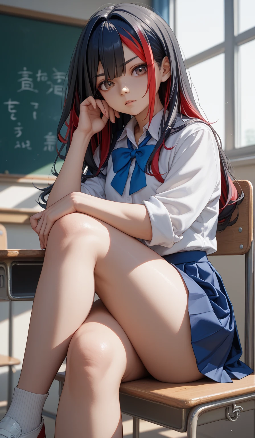 masutepiece、Best Quality、hight resolution、tre anatomically correct、((JK school uniform))、a miniskirt、‎Classroom、(Vibrant colors：1.2)、(​masterpiece：2.0)、onepiece、Uta、blanche、left red hair、right gray hair、Not wearing pants、divine spirit、Flushed cheeks、Beautiful girl in every detail、Body shining with sweat、Wet、Seductive thighs、sexy  pose、Hair above one eye