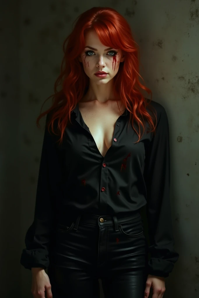 A woman with long blood red hair and white eyes and a scratch on her arm dressed in a black dress-type war suit